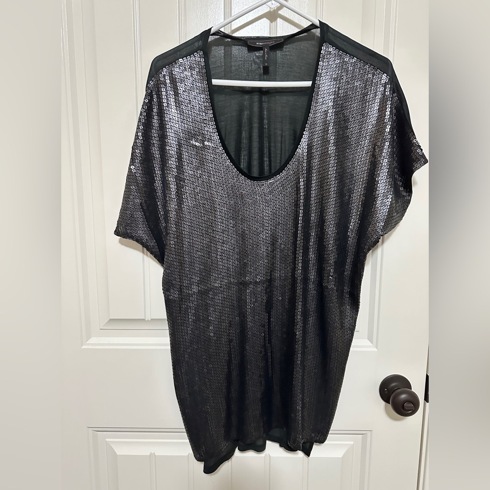 BCBGMaxAzria Sequin Sheer Black Top